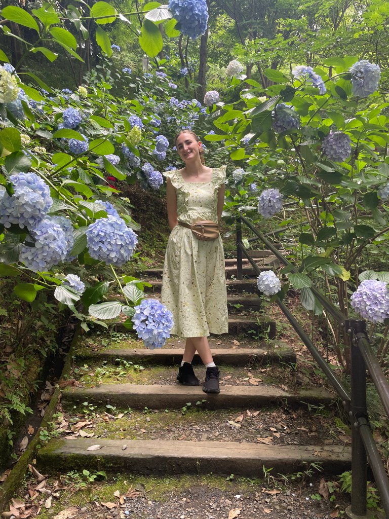 Photo of a woman standing on outdoor steps surrounded by lilac hydrangeas in Tokyo