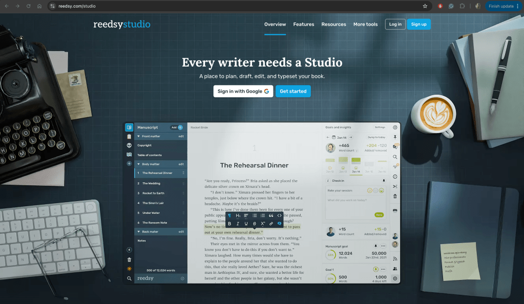 Screenshot of the home page of Reedsy Studio